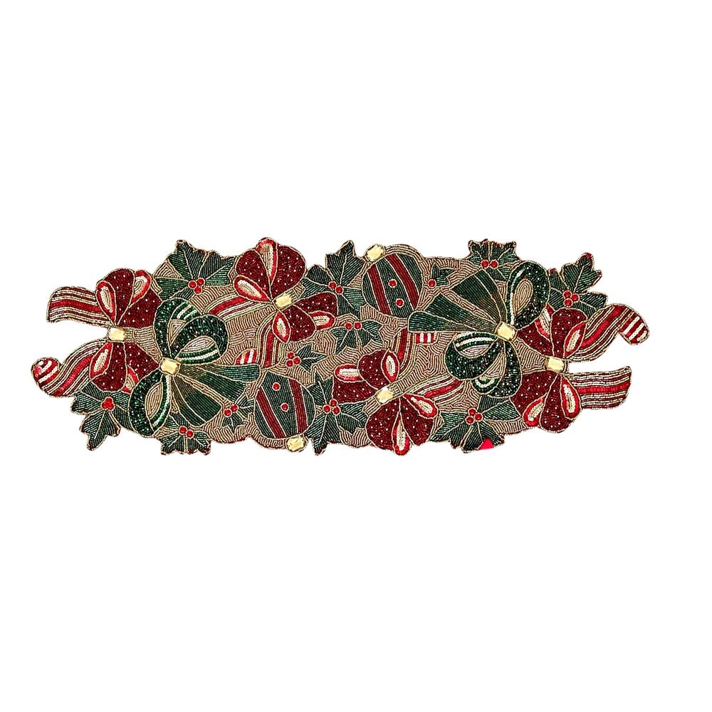 Nicole Miller Beaded Poinsettia Bow Table Runner 13x34 Pink Red Green New